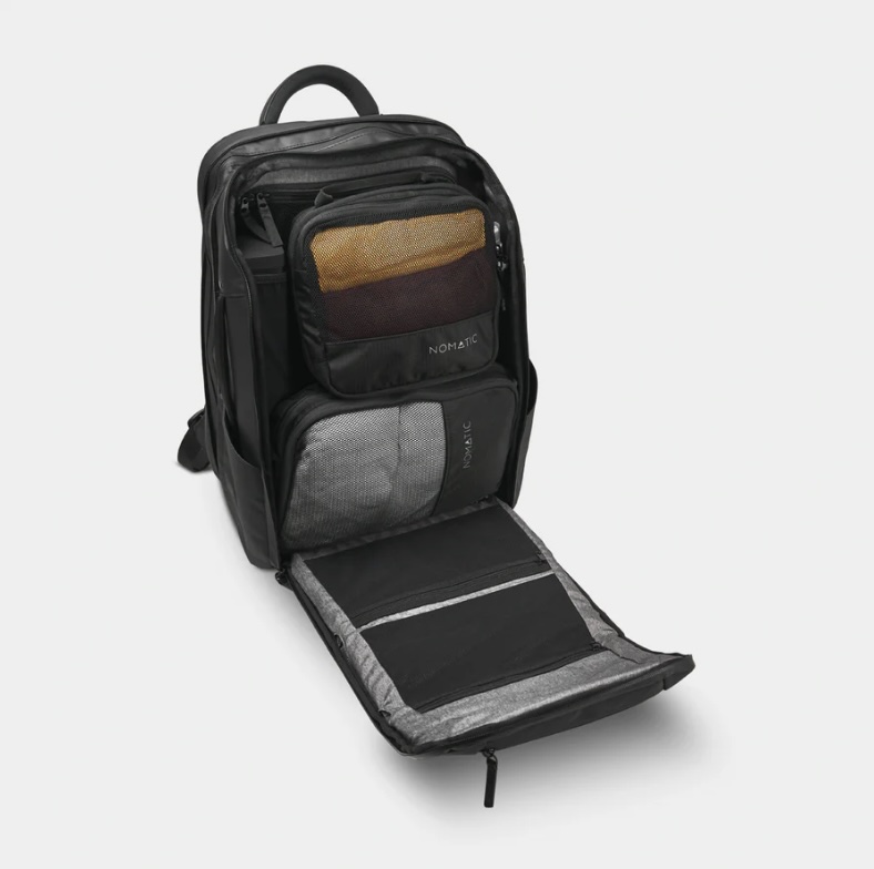 Nomatic × Redwood backpack, open showing internal organisation