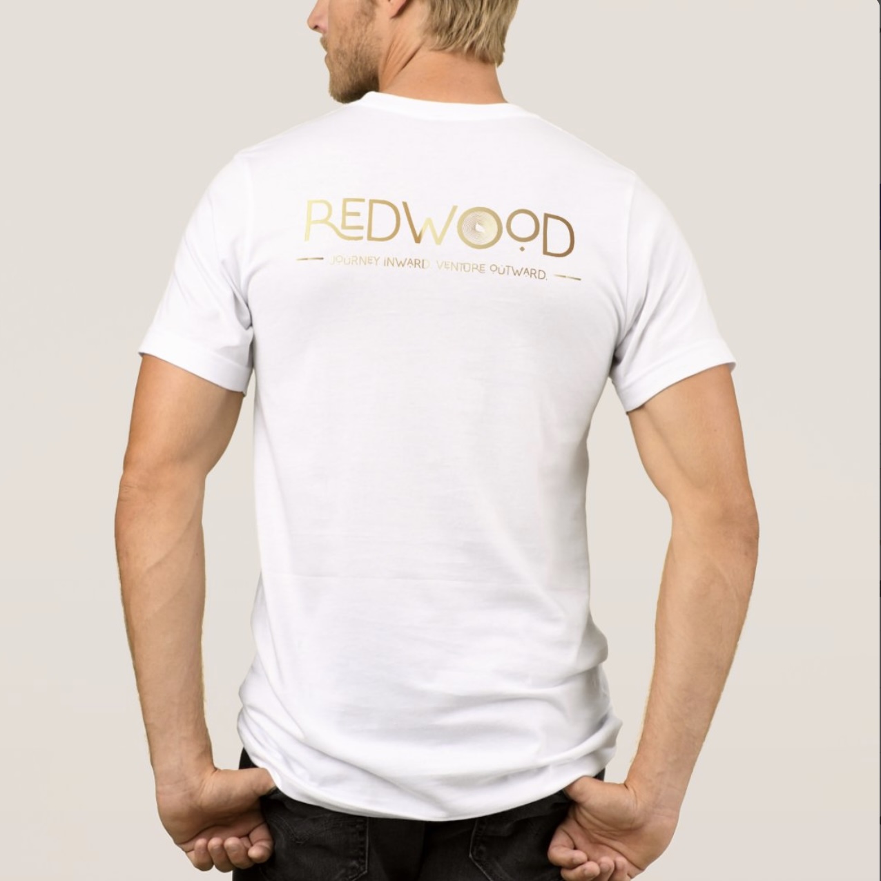 The Field Tee in white, back on model